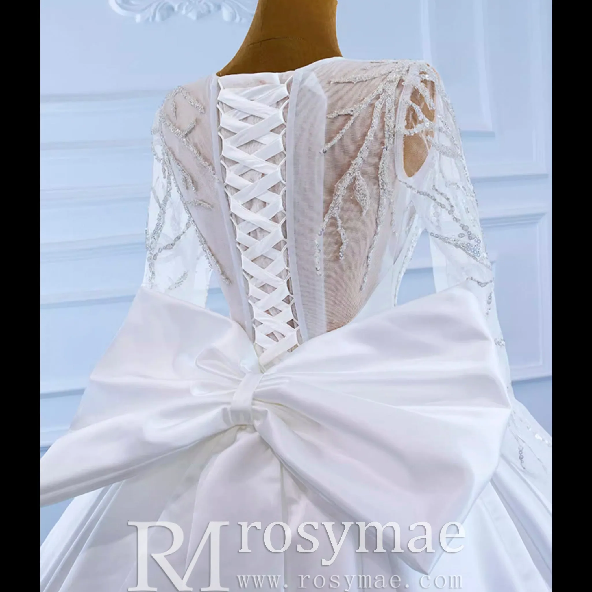 High  Back Long Sleeve Satin Ball Gown Wedding Dress with Long Bow