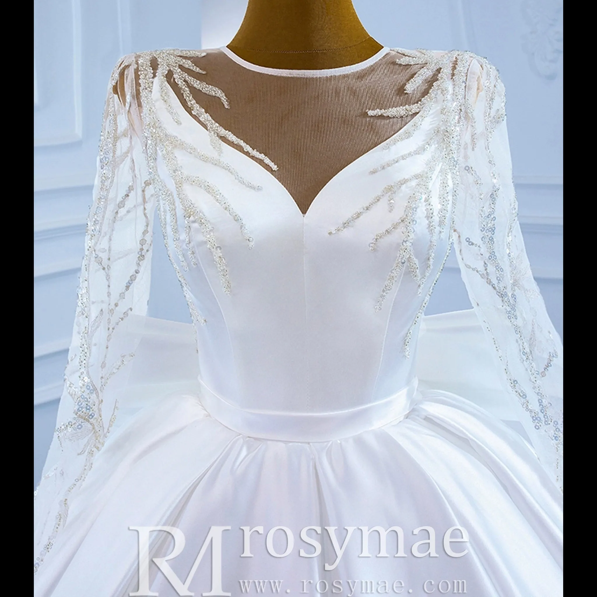 High  Back Long Sleeve Satin Ball Gown Wedding Dress with Long Bow