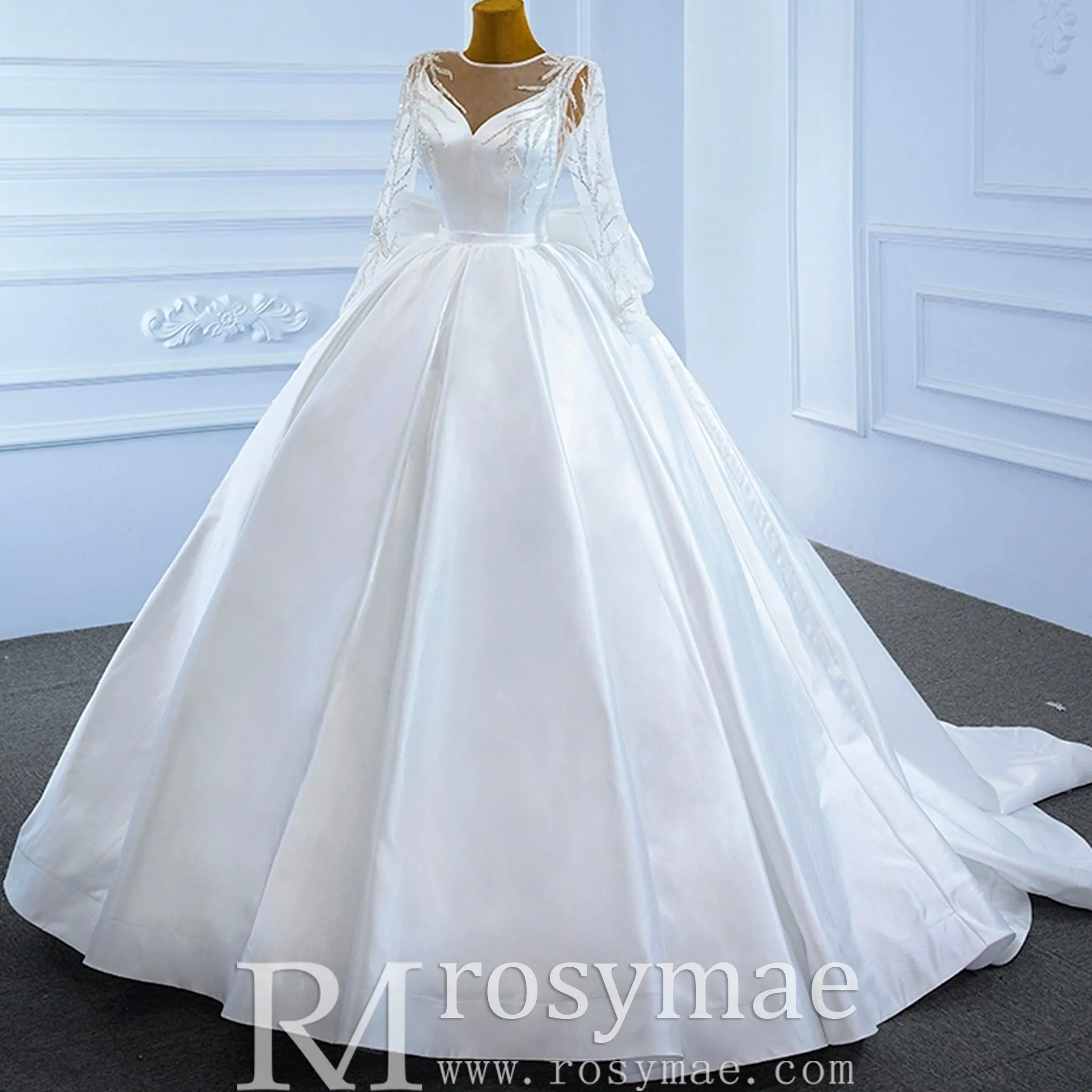 High  Back Long Sleeve Satin Ball Gown Wedding Dress with Long Bow
