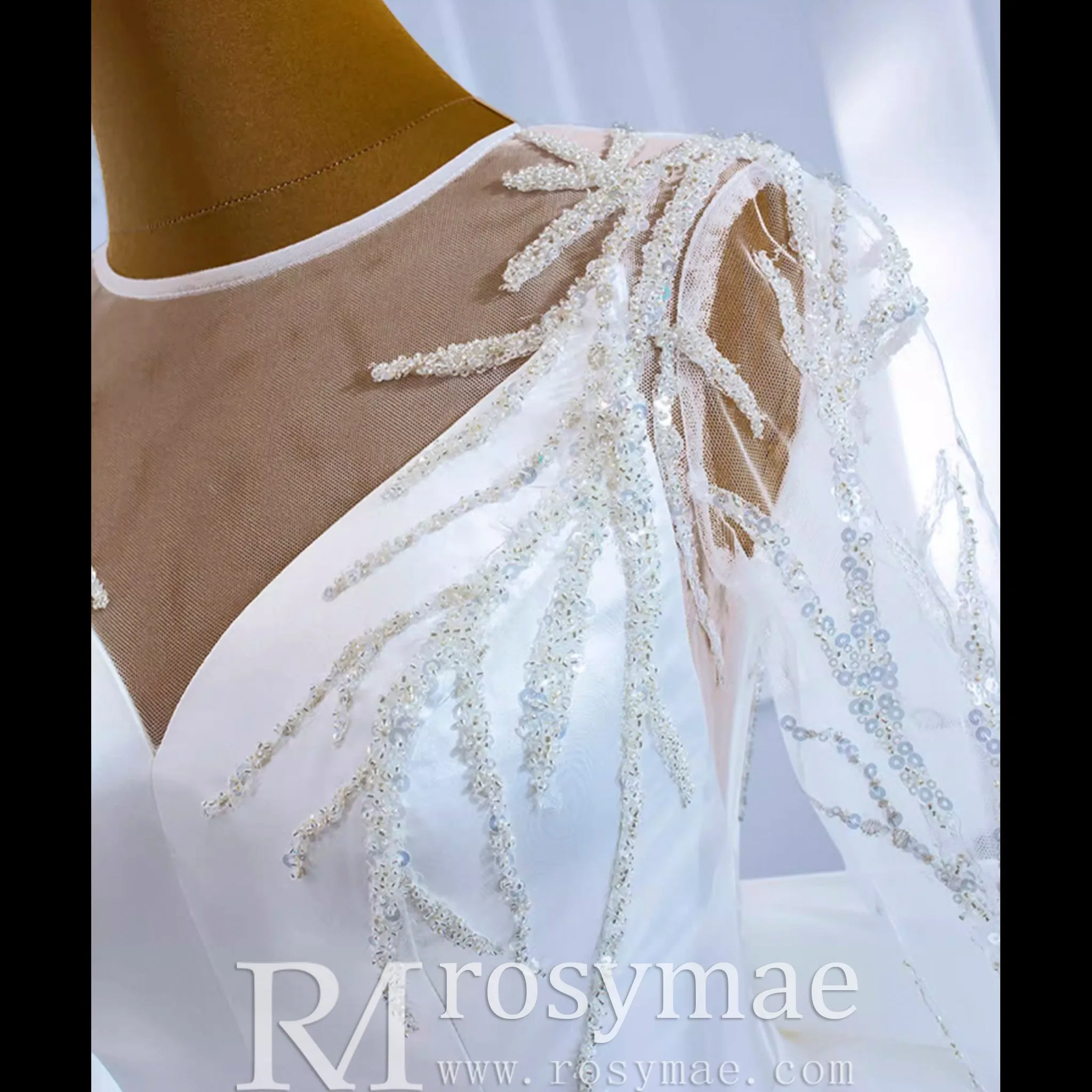 High  Back Long Sleeve Satin Ball Gown Wedding Dress with Long Bow