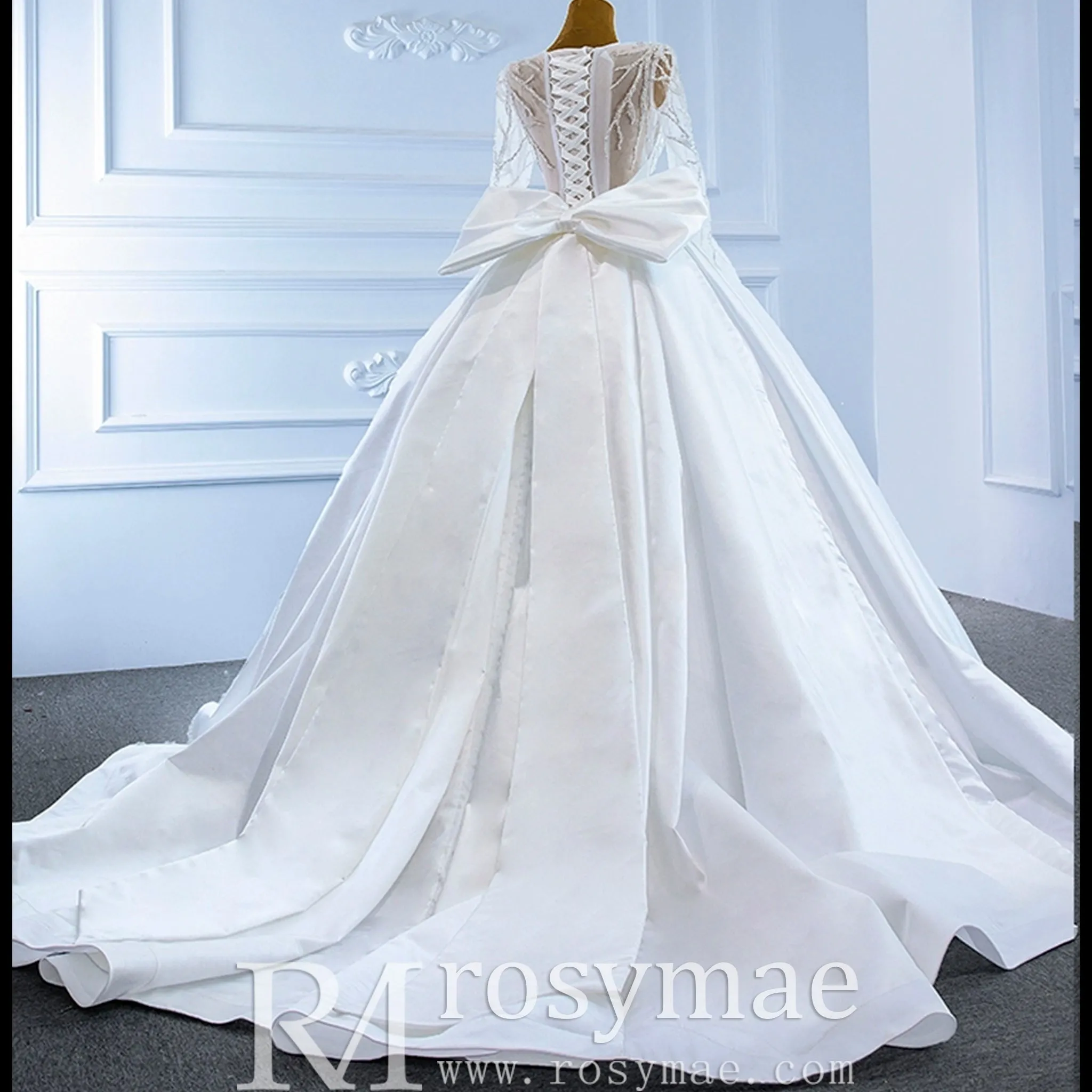 High  Back Long Sleeve Satin Ball Gown Wedding Dress with Long Bow