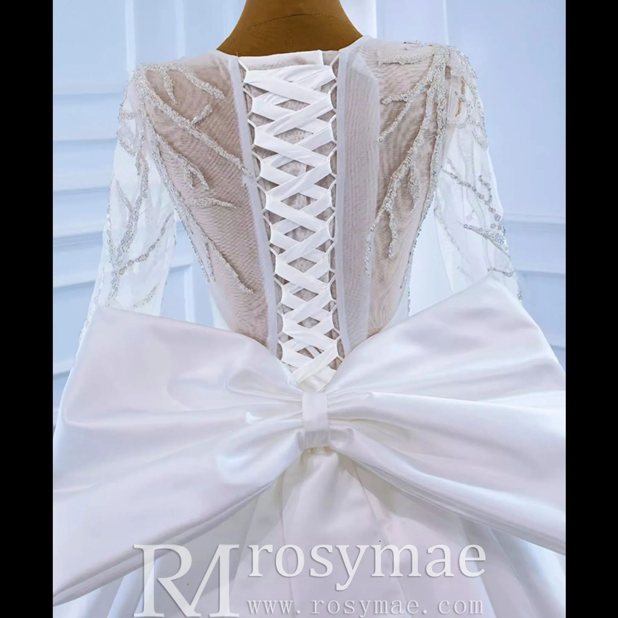 High  Back Long Sleeve Satin Ball Gown Wedding Dress with Long Bow