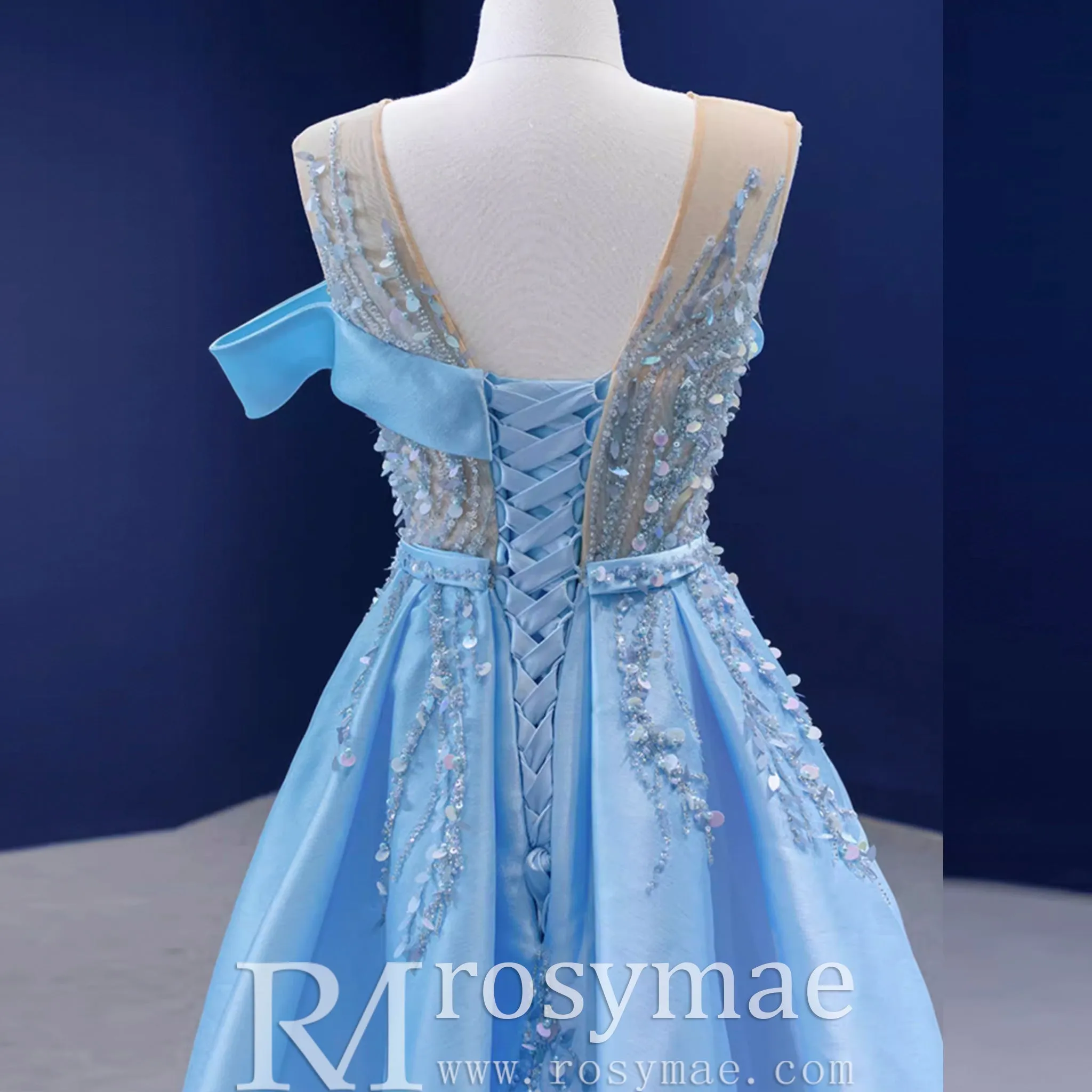 High-end Pool Blue Beading Pearl Sequins Prom Dresses