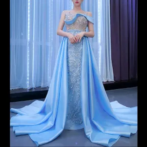 High-end Pool Blue Beading Pearl Sequins Prom Dresses