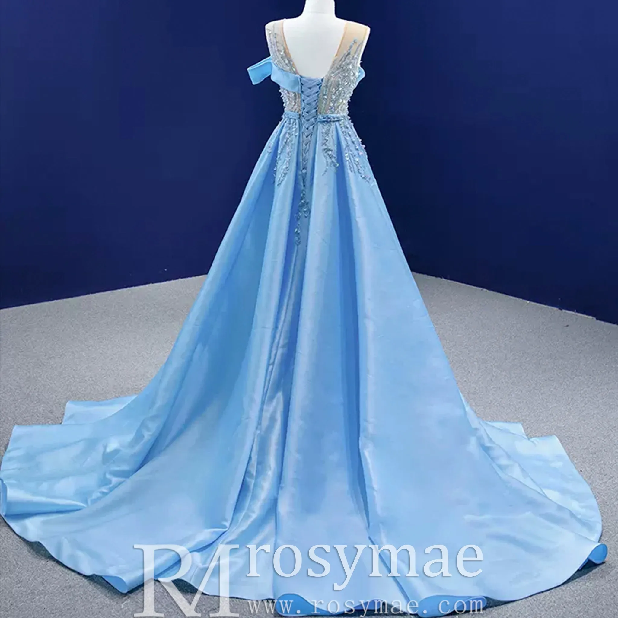 High-end Pool Blue Beading Pearl Sequins Prom Dresses