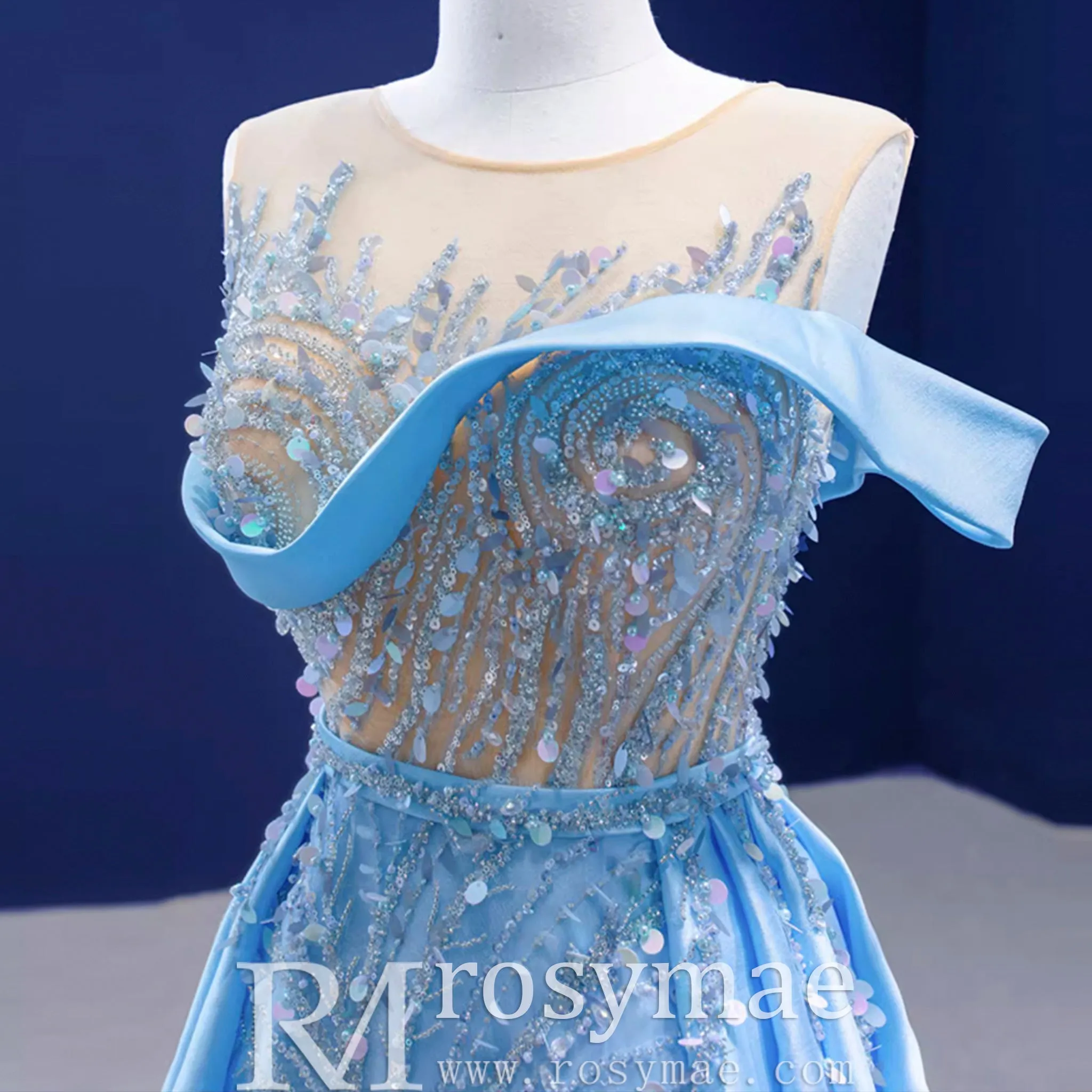 High-end Pool Blue Beading Pearl Sequins Prom Dresses