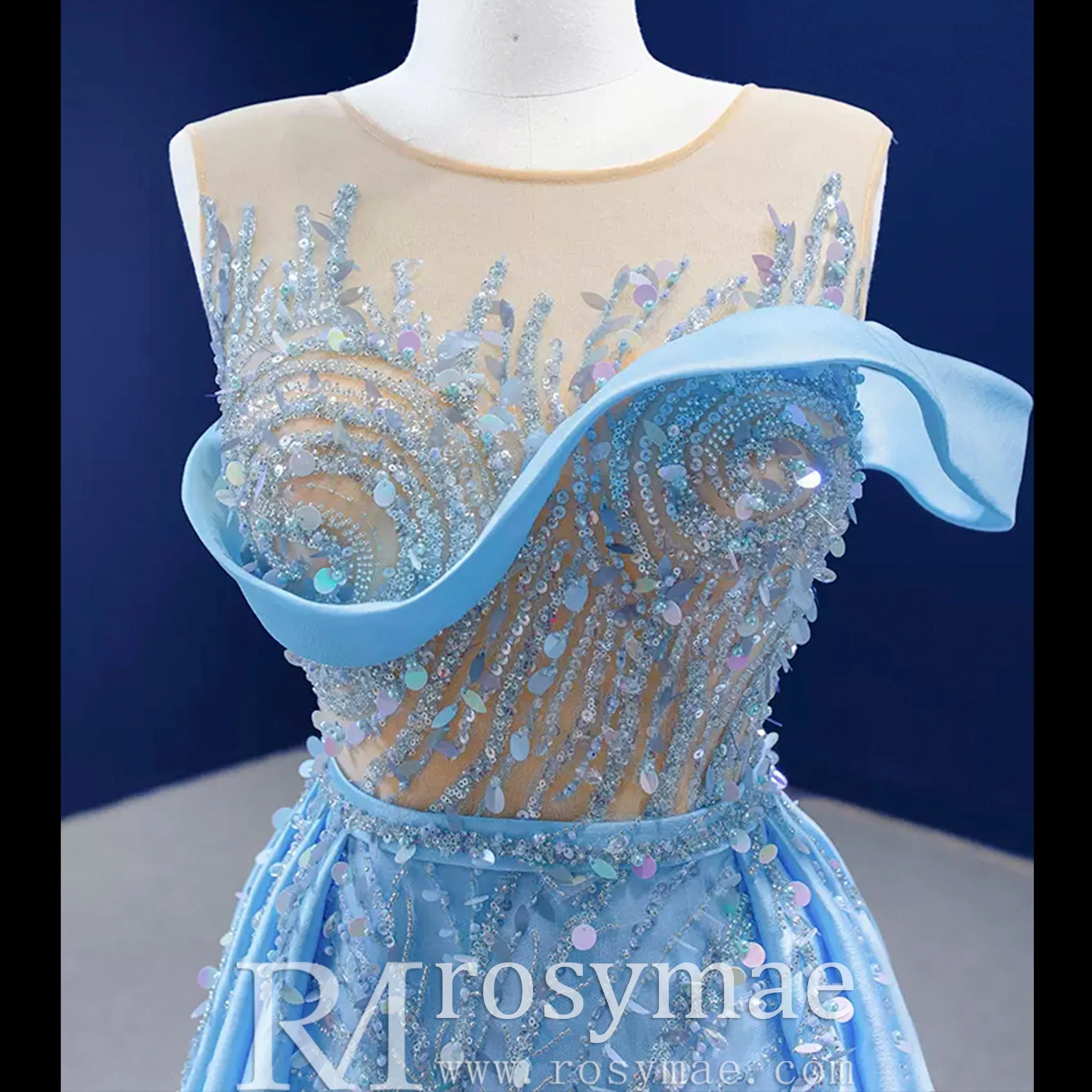 High-end Pool Blue Beading Pearl Sequins Prom Dresses