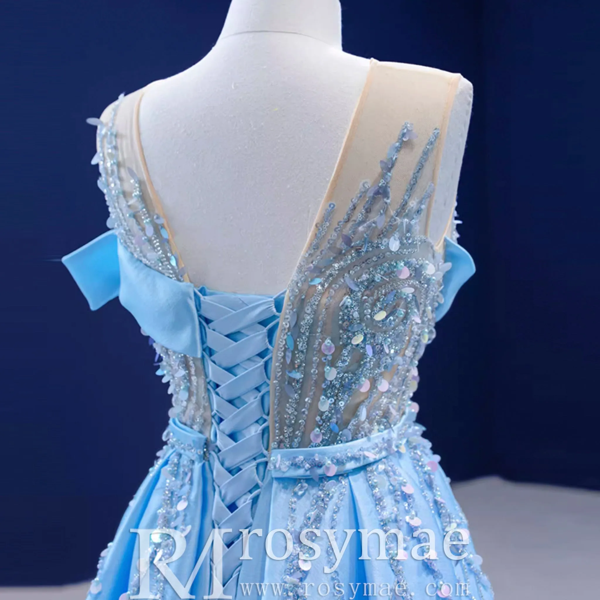 High-end Pool Blue Beading Pearl Sequins Prom Dresses