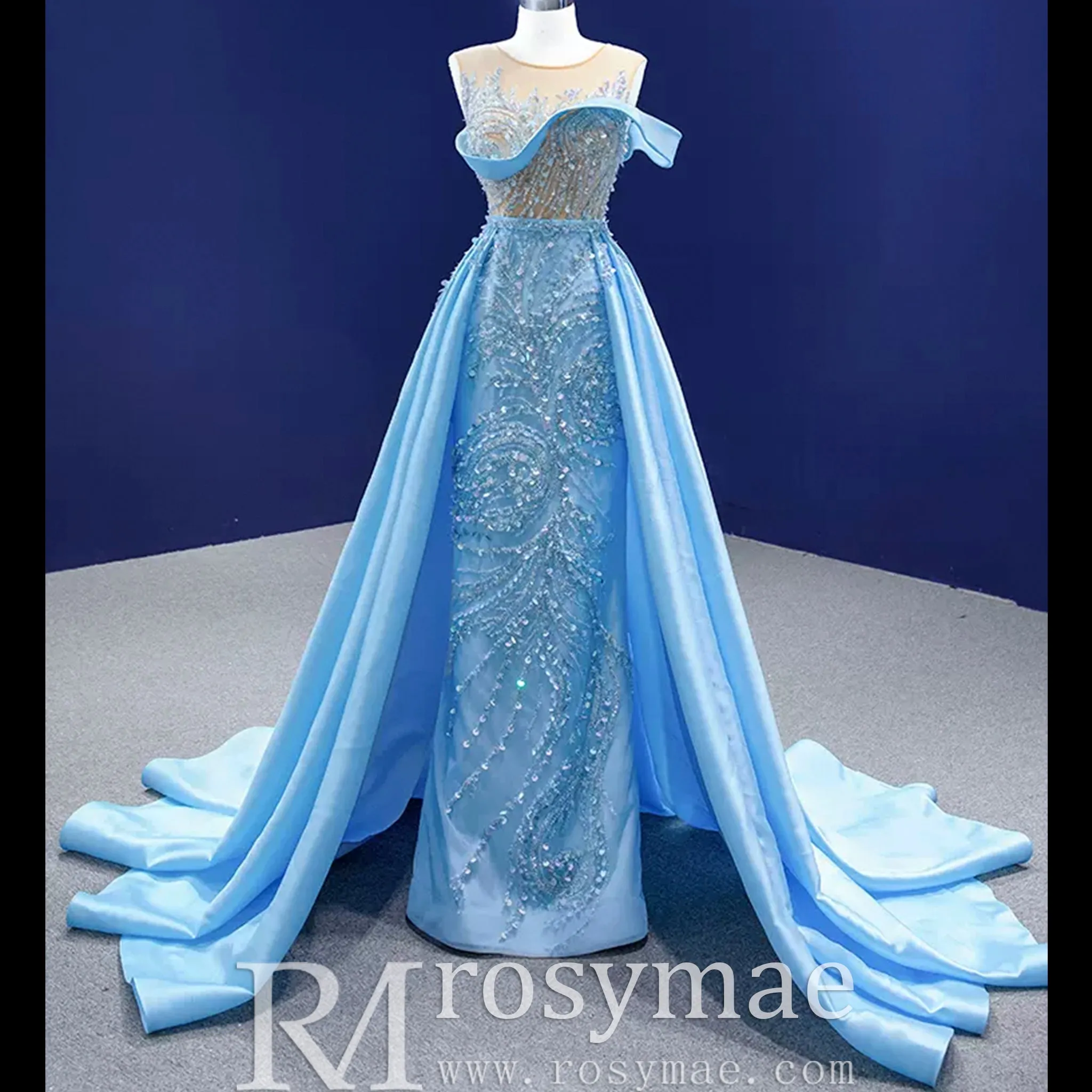 High-end Pool Blue Beading Pearl Sequins Prom Dresses