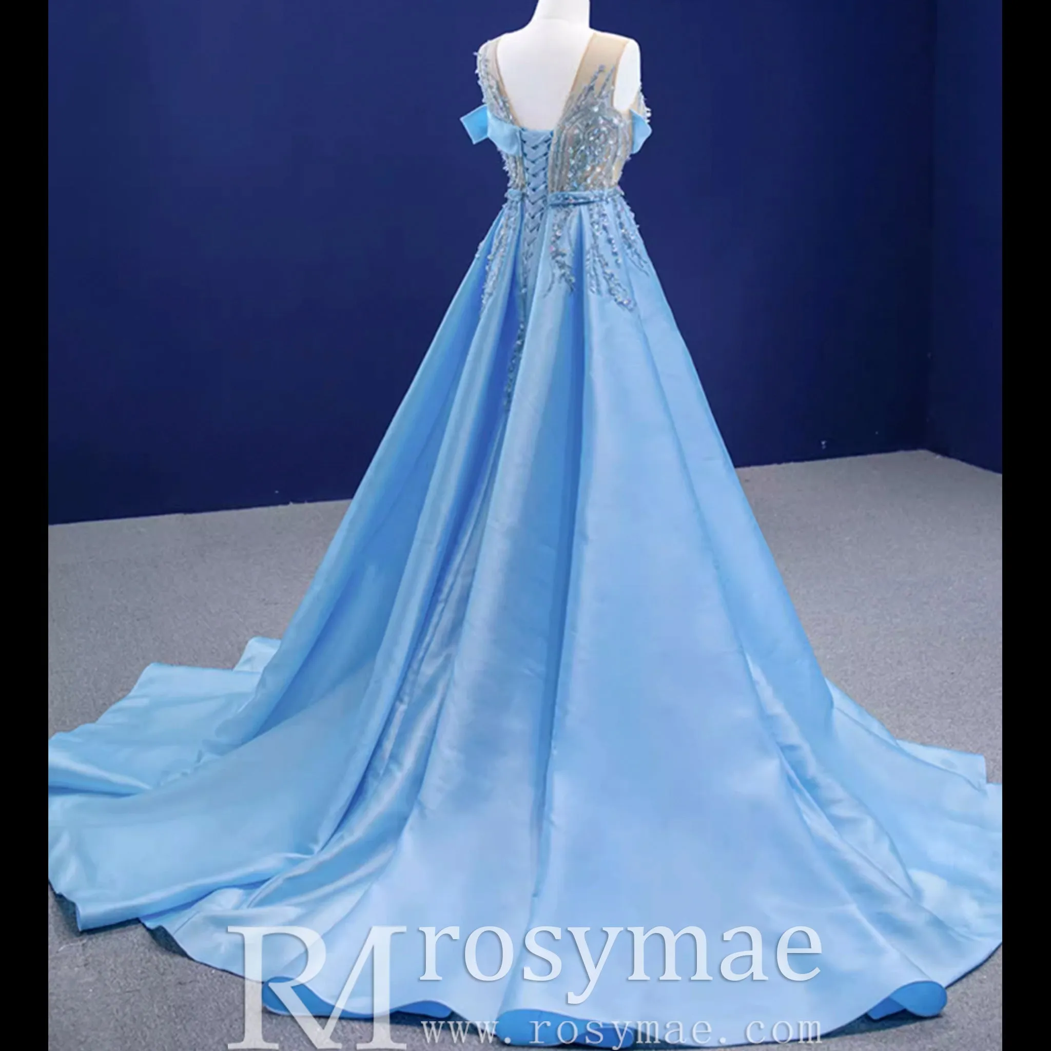 High-end Pool Blue Beading Pearl Sequins Prom Dresses