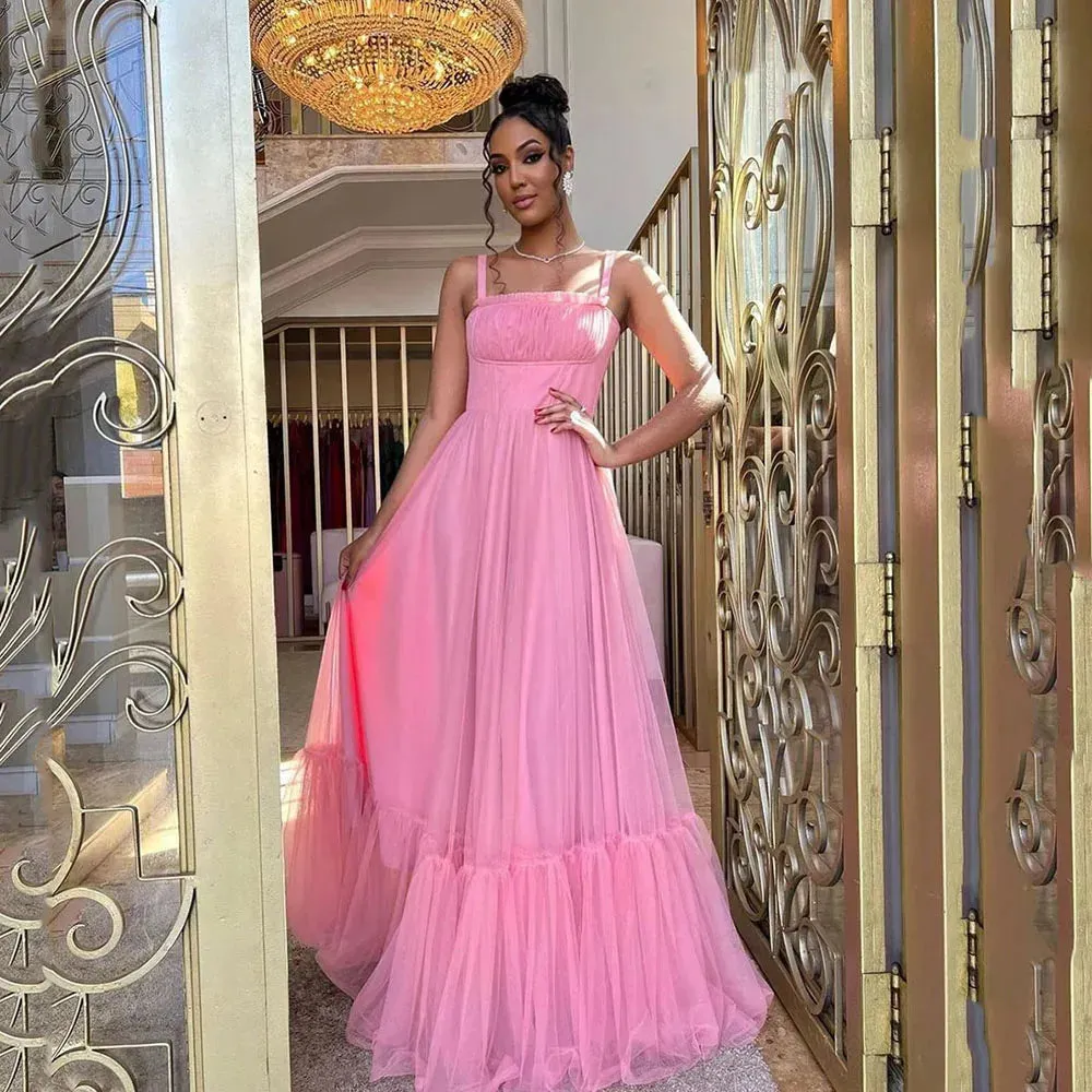Hot Pink Prom Dresses Pleats Spaghetti strap Tiered Fairy Long Evening Gown Graduation Dress For Teen Party Gown
