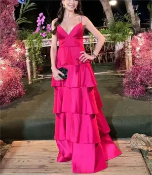 Hot Pink Tiered Skirt Evening Dresses Long Straps Satin Women Prom Party Gowns Open Back Special Occasion Dress
