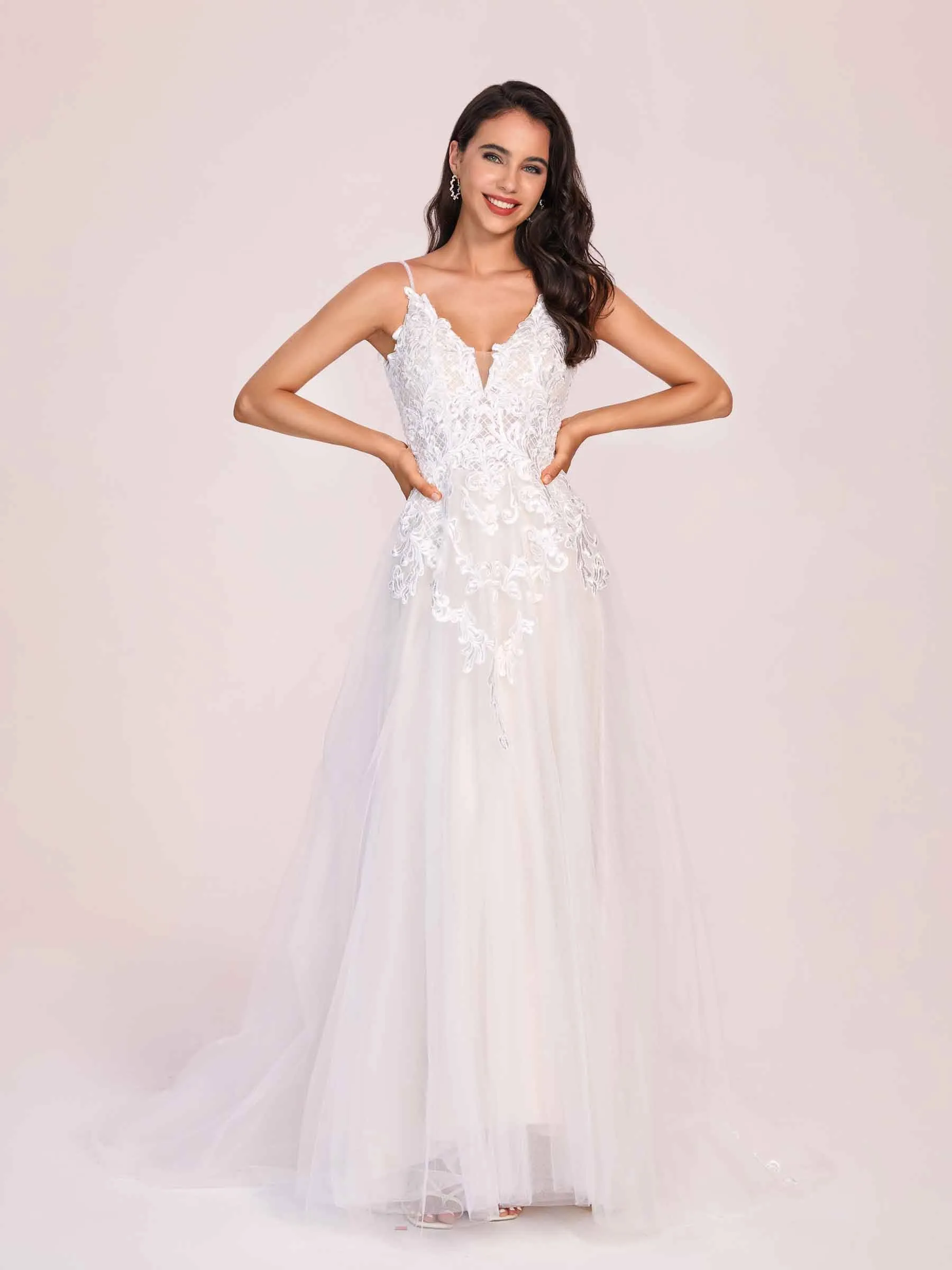 Hot V-neck Open Back A-line Spaghetti Strap Lace Floor Length Wedding Dress