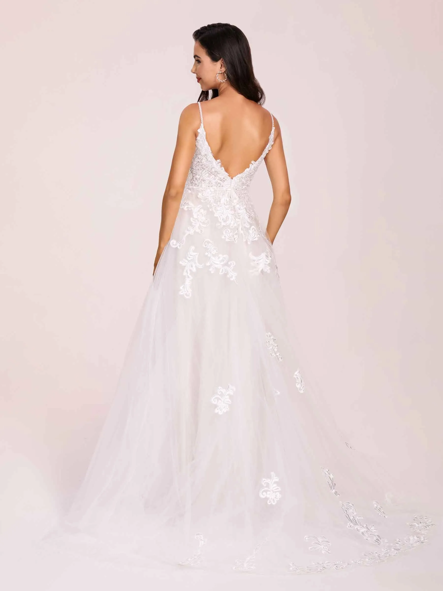 Hot V-neck Open Back A-line Spaghetti Strap Lace Floor Length Wedding Dress