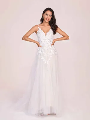 Hot V-neck Open Back A-line Spaghetti Strap Lace Floor Length Wedding Dress
