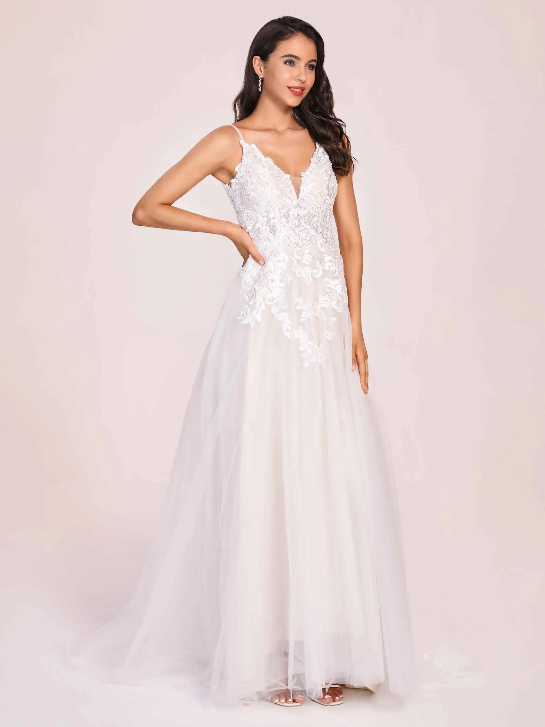 Hot V-neck Open Back A-line Spaghetti Strap Lace Floor Length Wedding Dress