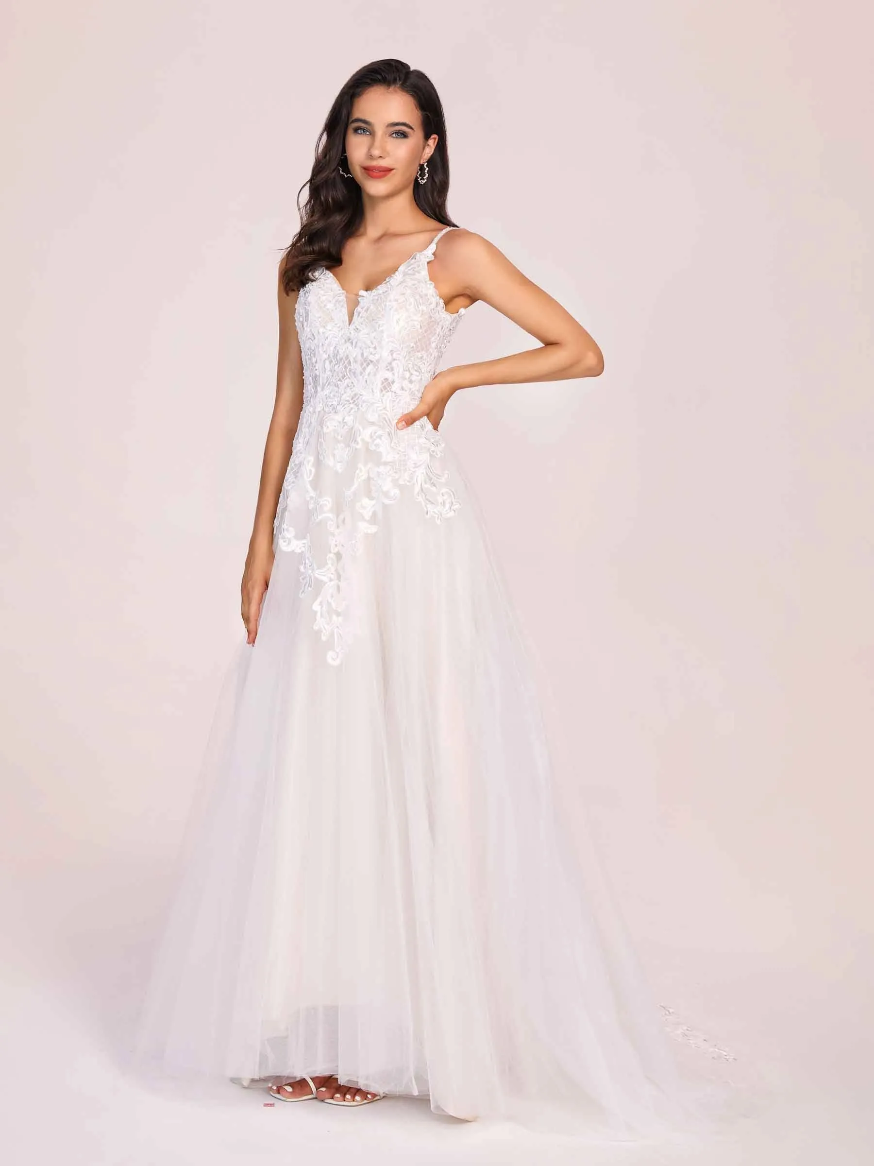 Hot V-neck Open Back A-line Spaghetti Strap Lace Floor Length Wedding Dress