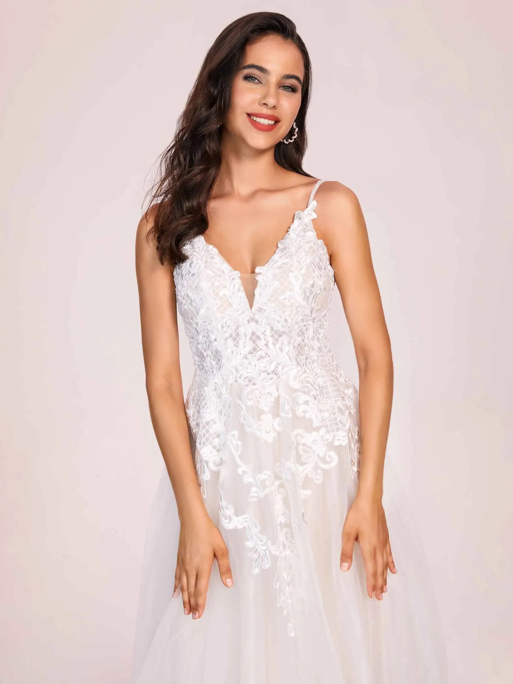 Hot V-neck Open Back A-line Spaghetti Strap Lace Floor Length Wedding Dress