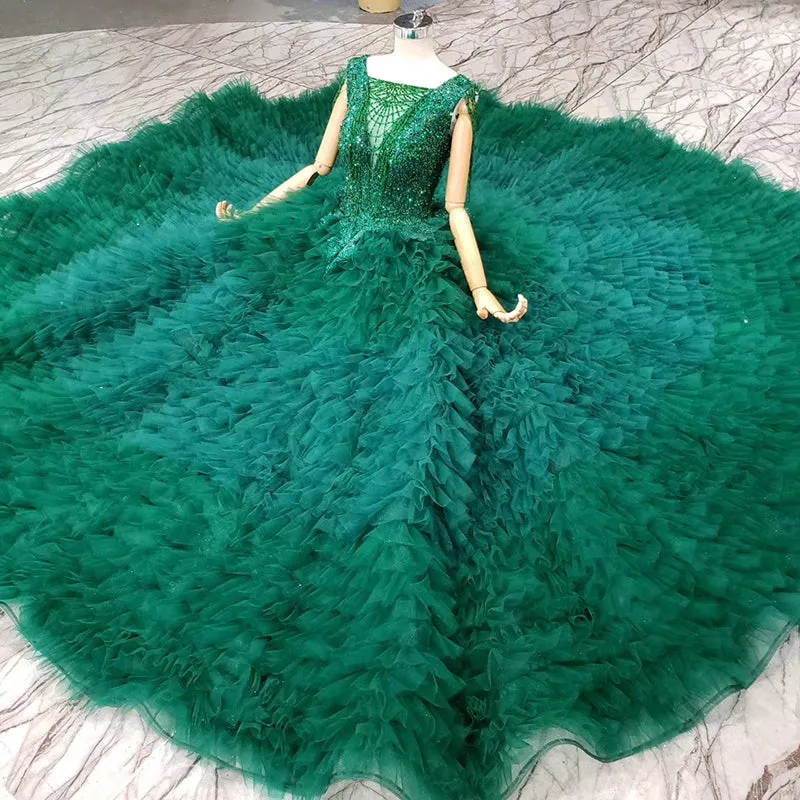 HTL921 women party  heavy beading with veil emerald green prom dresses