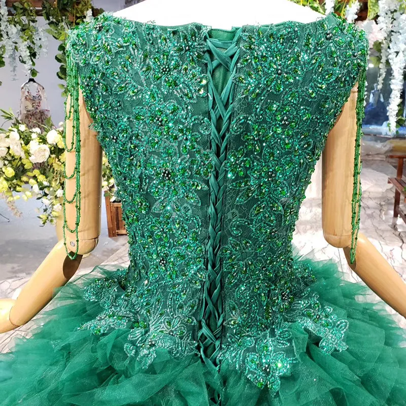 HTL921 women party  heavy beading with veil emerald green prom dresses