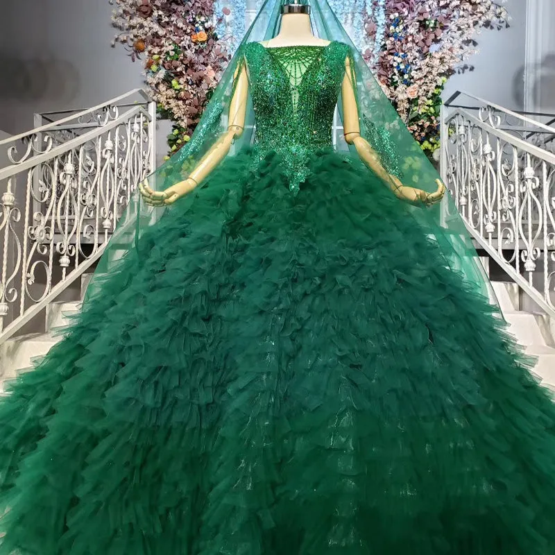 HTL921 women party  heavy beading with veil emerald green prom dresses