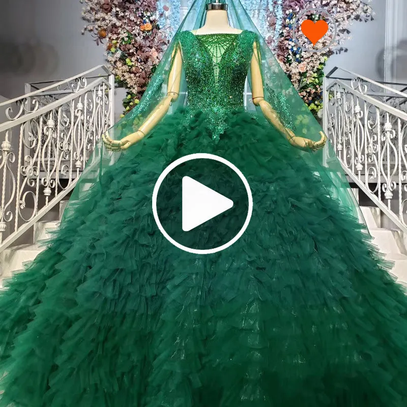 HTL921 women party  heavy beading with veil emerald green prom dresses