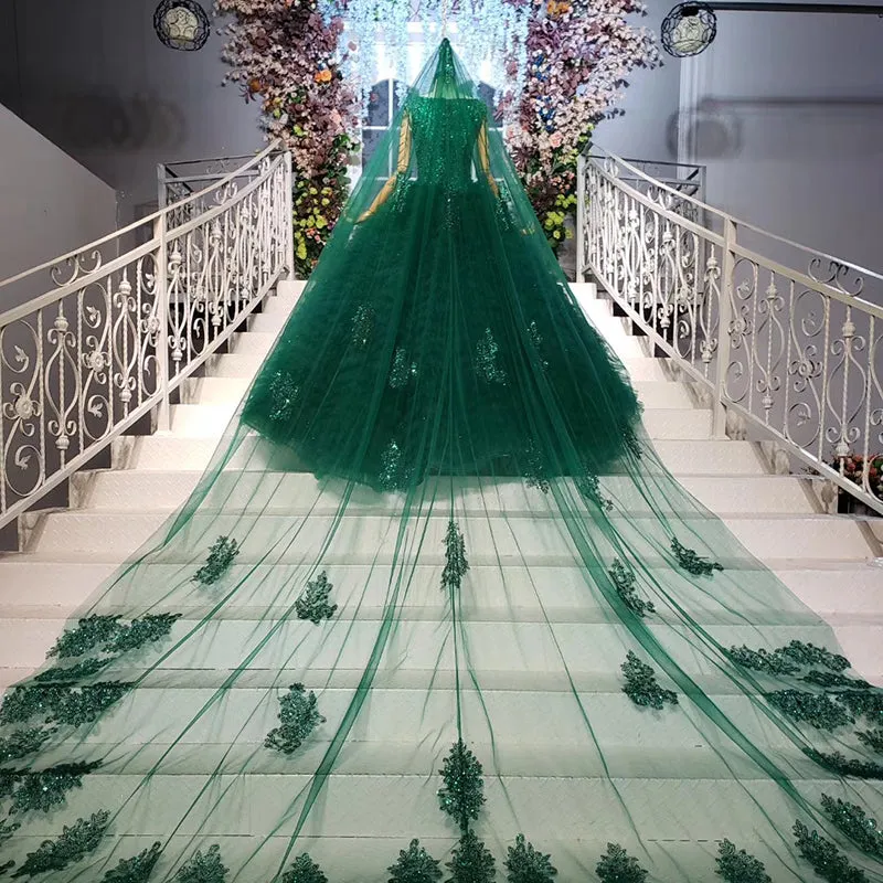 HTL921 women party  heavy beading with veil emerald green prom dresses