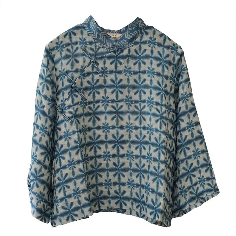 Indigo Dyed Print Cheongsam Qipao Top