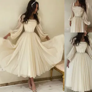 Ivory Long Sleeve Chiffon Short Prom Dresses Pleats Fitted Bones Beaded Formal Party Women Gowns Dubai Evening Dress