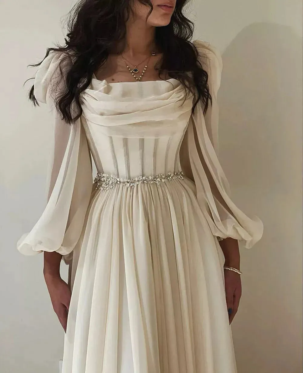 Ivory Long Sleeve Chiffon Short Prom Dresses Pleats Fitted Bones Beaded Formal Party Women Gowns Dubai Evening Dress