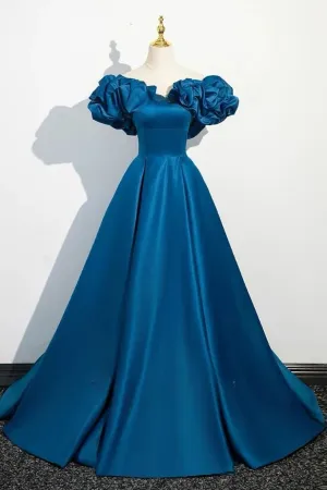 JazzHer Classy A line Off The Shoulder Blue Satin Long Party Dress Prom Dresses Evening Dress (PRE-ORDER)