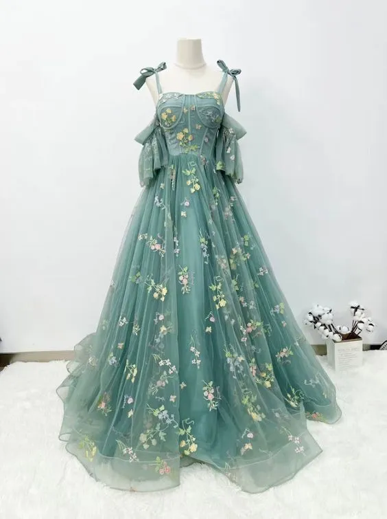 JazzHer Classy Ball Gown Spaghetti Straps Green Tulle Long Prom Dresses Evening Dress (PRE-ORDER)