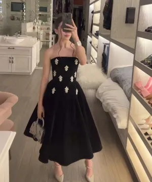 JazzHer Classy Ball Gown Strapless Black Satin Party Dress Prom Dresses Evening Dress (PRE-ORDER)