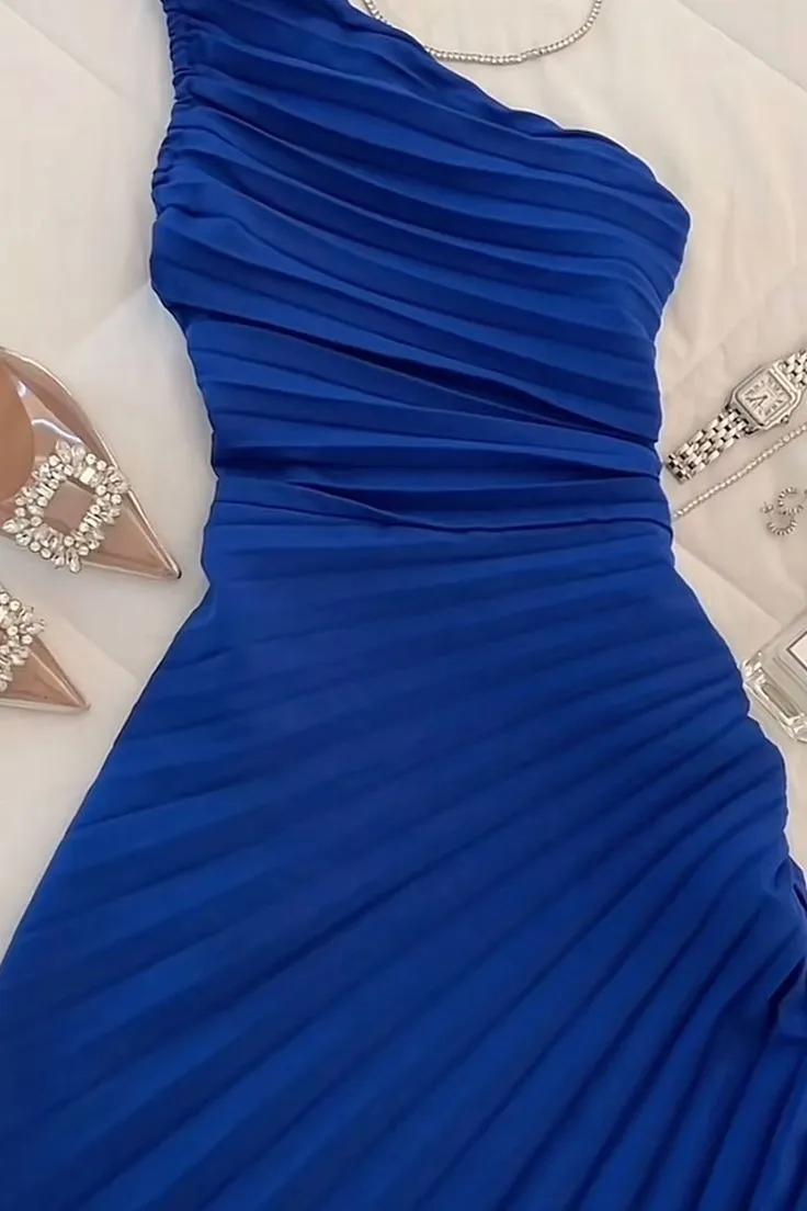 JazzHer Classy Sheath One Shoulder Royal Blue Chiffon Long Party Dress Prom Dresses Evening Dress (PRE-ORDER)