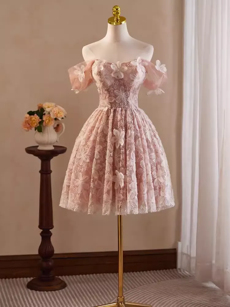 JazzHer Cute Ball Gown Off The Shoulder Pink Lace Party Dress Homecoming Dresses (PRE-ORDER)