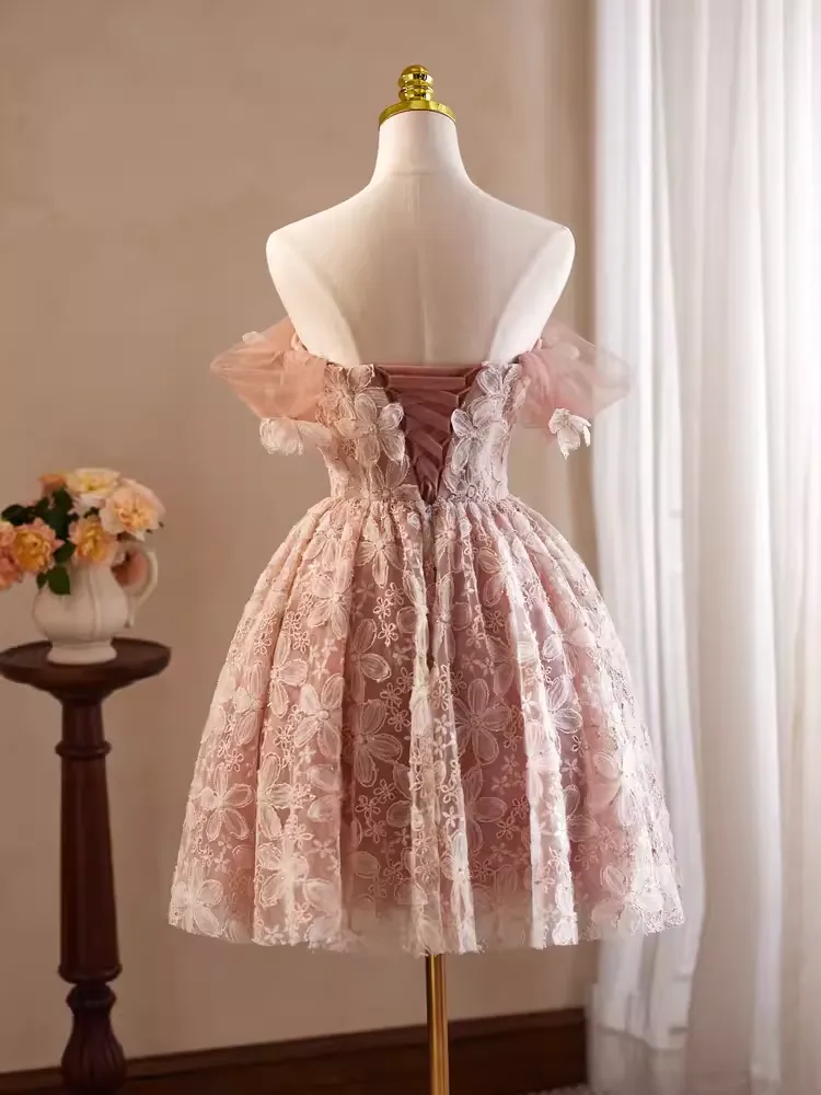 JazzHer Cute Ball Gown Off The Shoulder Pink Lace Party Dress Homecoming Dresses (PRE-ORDER)