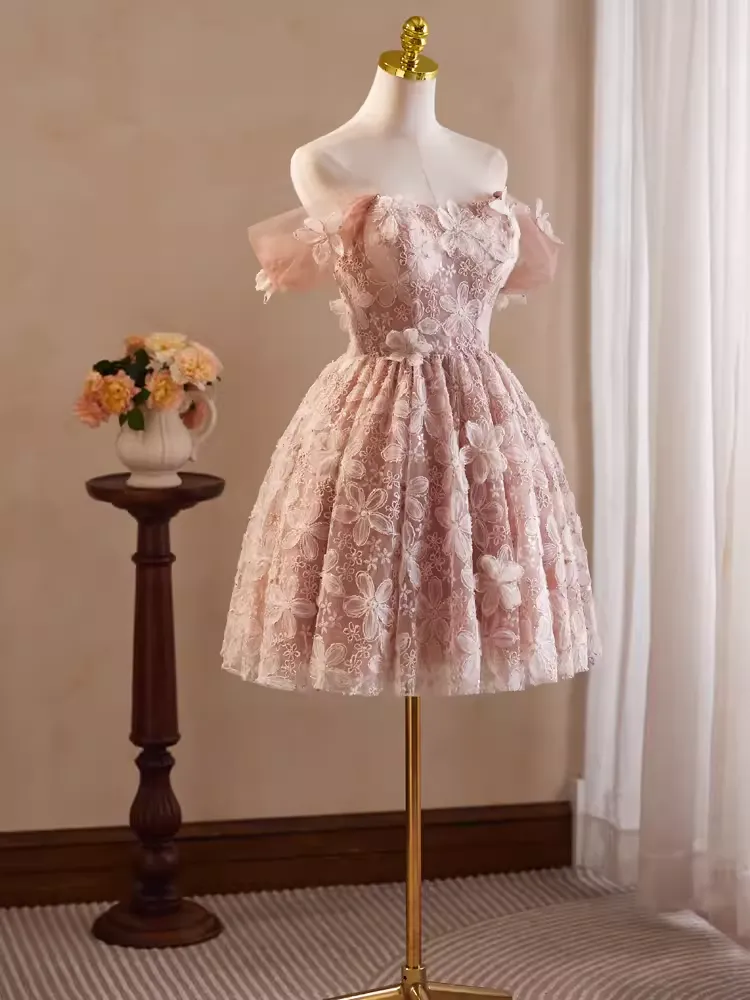JazzHer Cute Ball Gown Off The Shoulder Pink Lace Party Dress Homecoming Dresses (PRE-ORDER)