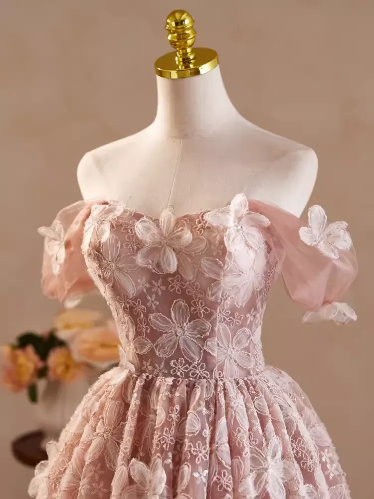 JazzHer Cute Ball Gown Off The Shoulder Pink Lace Party Dress Homecoming Dresses (PRE-ORDER)