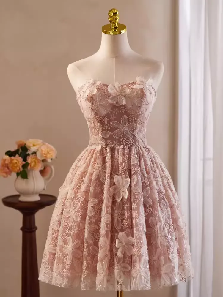 JazzHer Cute Ball Gown Off The Shoulder Pink Lace Party Dress Homecoming Dresses (PRE-ORDER)