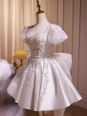 JazzHer Cute Ball Gown Short Sleeves White Satin Party Dress Homecoming Dresses (PRE-ORDER)