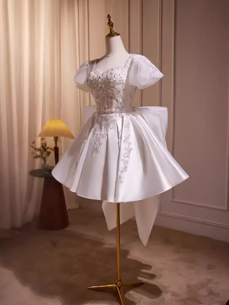 JazzHer Cute Ball Gown Short Sleeves White Satin Party Dress Homecoming Dresses (PRE-ORDER)