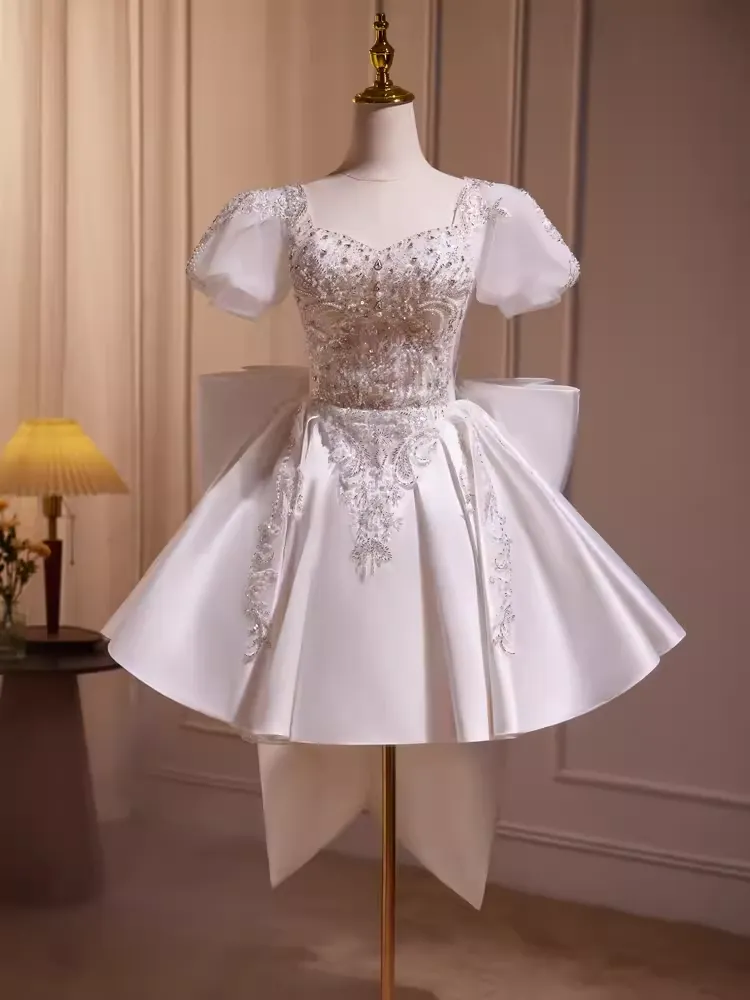 JazzHer Cute Ball Gown Short Sleeves White Satin Party Dress Homecoming Dresses (PRE-ORDER)