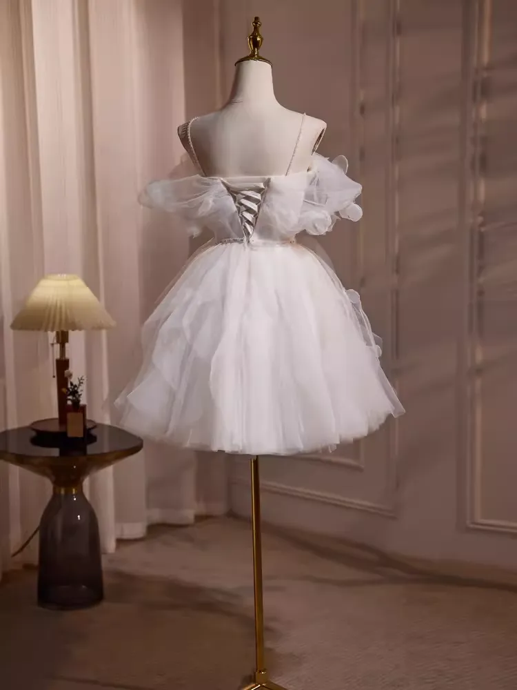 JazzHer Cute Ball Gown Spaghetti Straps White Tulle Party Dress Homecoming Dresses (PRE-ORDER)