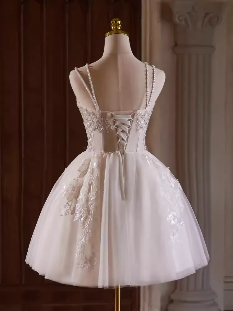 JazzHer Cute Ball Gown Straps Beads Party Dress White Homecoming Dresses (PRE-ORDER)