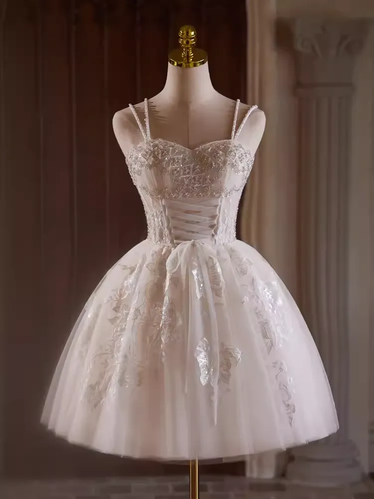 JazzHer Cute Ball Gown Straps Beads Party Dress White Homecoming Dresses (PRE-ORDER)