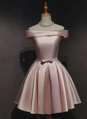 JazzHer Cute Pink Satin Off Shoulder Cute Party Dress Homecoming Dresses Birthday Outfit (PRE-ORDER)