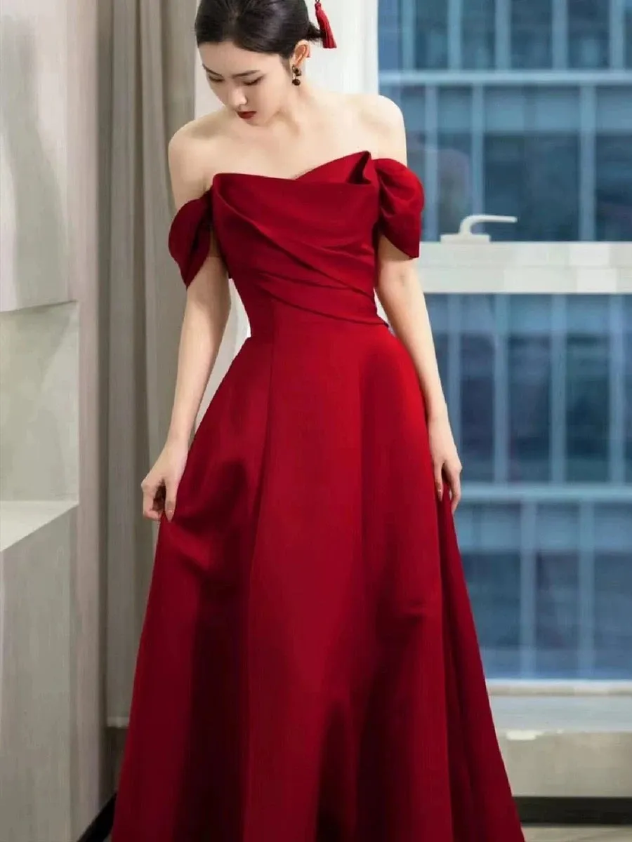JazzHer Elegant A line Off The Shoulder Red Satin Party Dress Prom Dresses Evening Dress (PRE-ORDER)