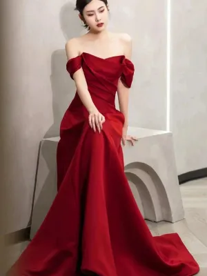 JazzHer Elegant A line Off The Shoulder Red Satin Party Dress Prom Dresses Evening Dress (PRE-ORDER)