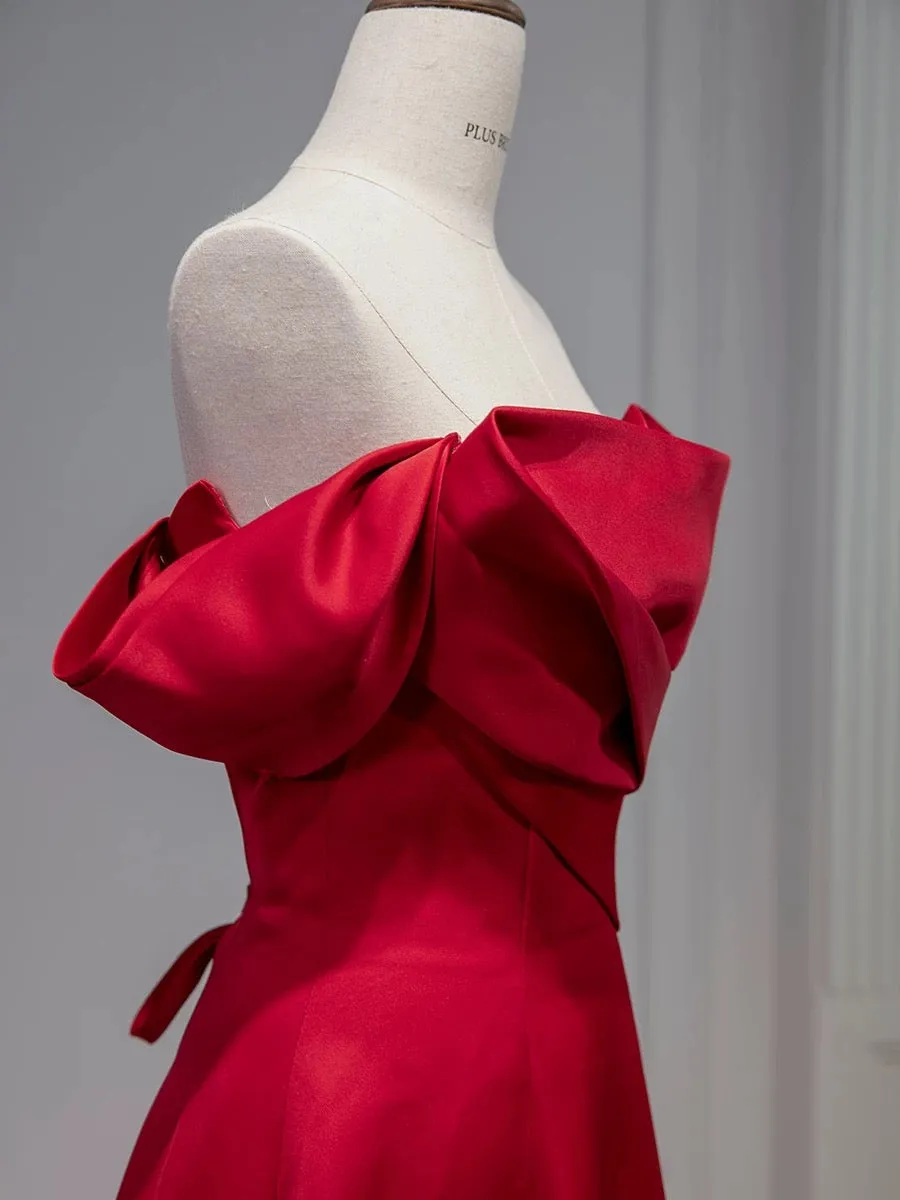JazzHer Elegant A line Off The Shoulder Red Satin Party Dress Prom Dresses Evening Dress (PRE-ORDER)