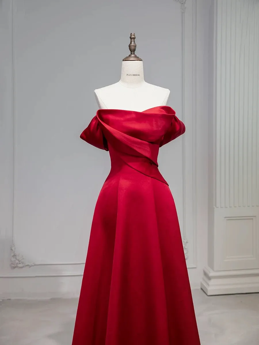 JazzHer Elegant A line Off The Shoulder Red Satin Party Dress Prom Dresses Evening Dress (PRE-ORDER)